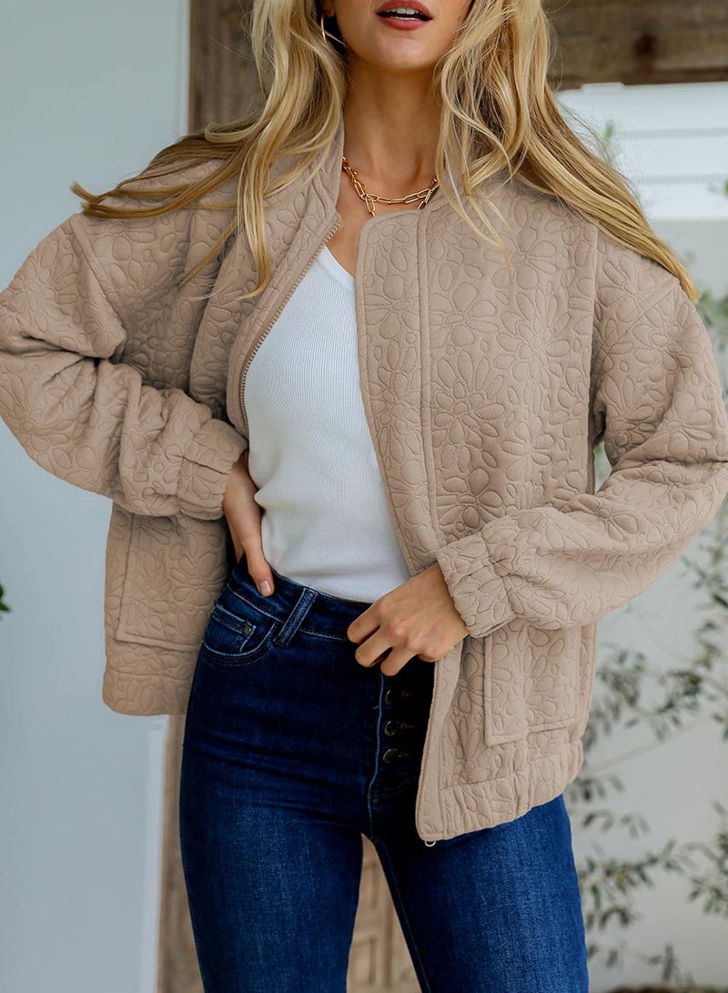 EVALESS Spring Bomber Jackets for Women Dressy Casual Fall Clothes Trendy 2025 Teacher Outfits Cute Jacquard Jackets Long Sleeve Zip Up Cropped Beige Jeacket Lightweight Coat with Pockets, Medium - Image 2