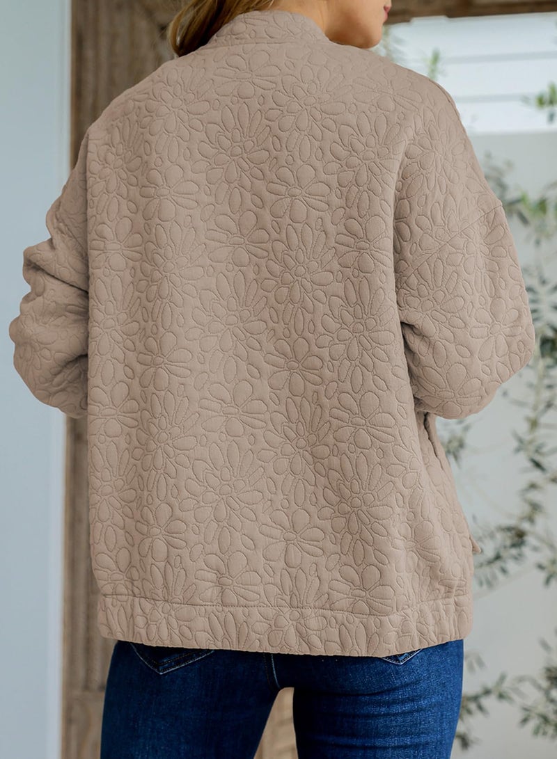 EVALESS Spring Bomber Jackets for Women Dressy Casual Fall Clothes Trendy 2025 Teacher Outfits Cute Jacquard Jackets Long Sleeve Zip Up Cropped Beige Jeacket Lightweight Coat with Pockets, Medium - Image 4