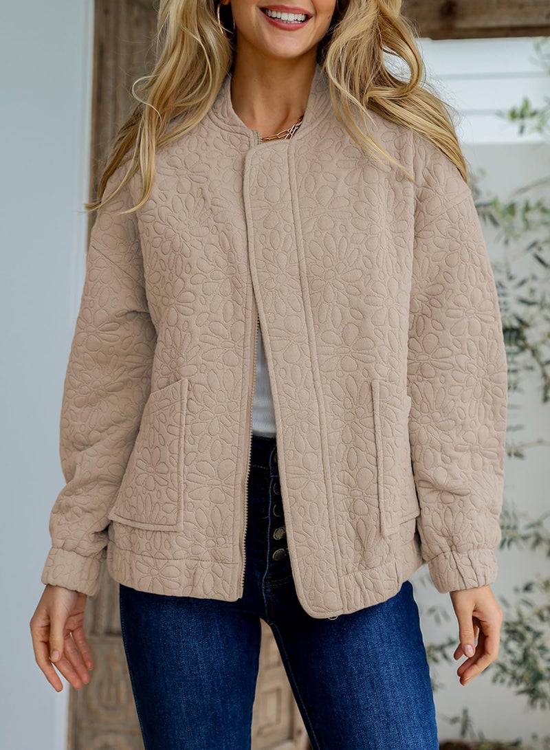 EVALESS Spring Bomber Jackets for Women Dressy Casual Fall Clothes Trendy 2025 Teacher Outfits Cute Jacquard Jackets Long Sleeve Zip Up Cropped Beige Jeacket Lightweight Coat with Pockets, Medium - Image 3