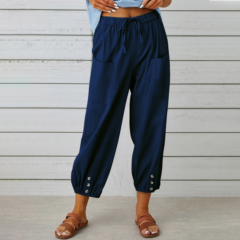 1 style Toridas Linen Casual Trousers Elastic Waist Laced LN15LACIVERT4