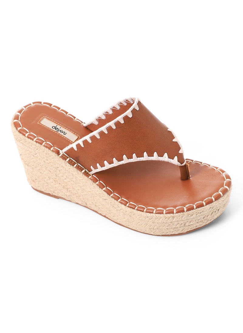 DejaVu - Leather & Straw Thong Slip On Platform Slippers - Image 1