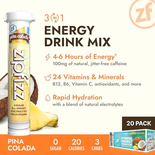 Zipfizz Daily Energy Drink Powder, Pina Colada, 20 Pack | 3-in-1 Sustained Energy, Rapid Hydration, and Essential Vitamins | Sugar-Free | Electrolyte Powder | Contains Vitamin B-12 & Antioxidants - Image 2