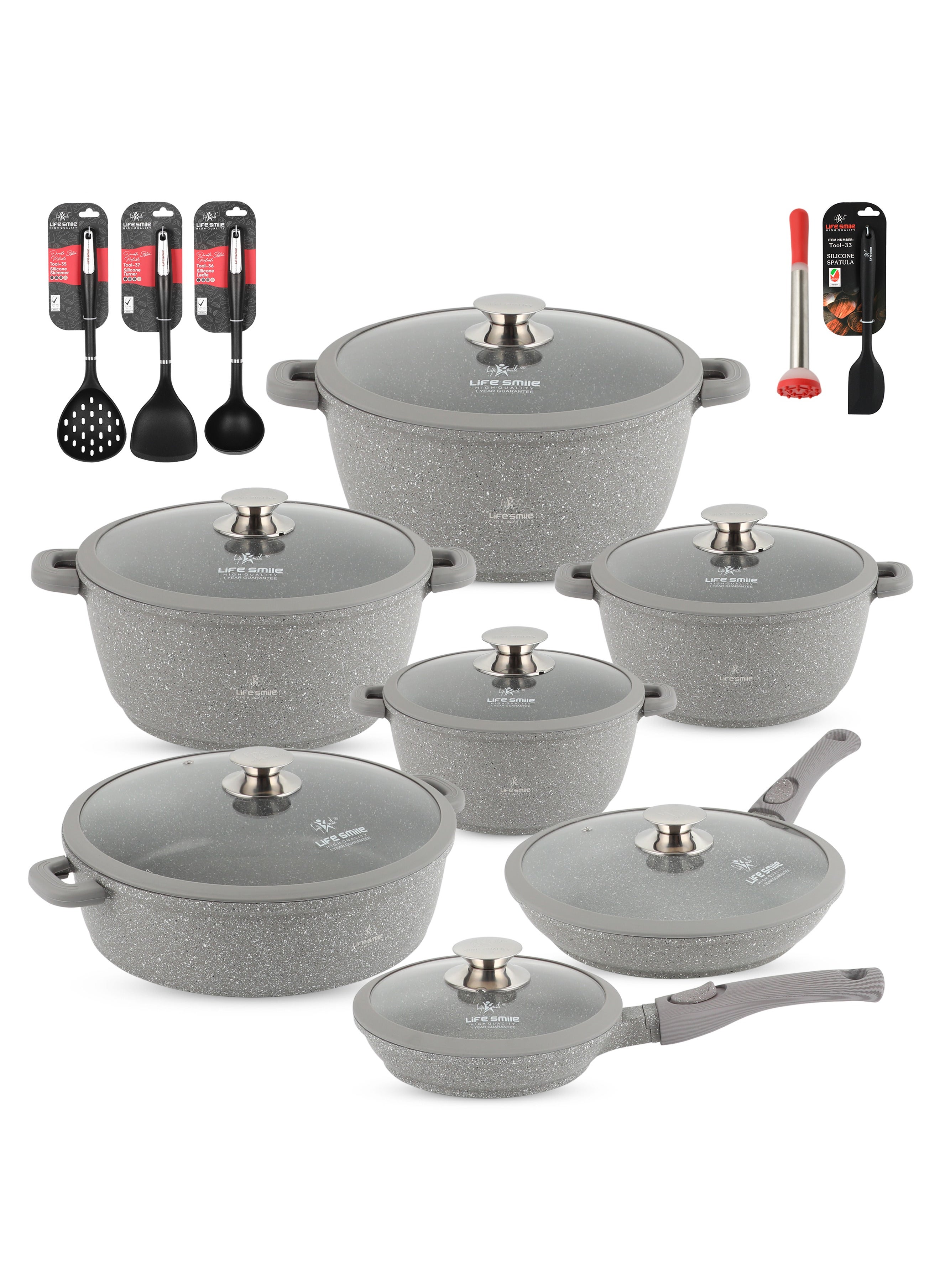 Life Smile Cookware Set 29 pieces - Pots and Pans set Granite Non Stick Coating 100% PFOA FREE, Induction Base Cooking Set include Casseroles & Shallow Pot & Fry Pans & Silicone Utensils 