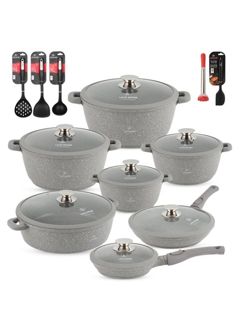 29 Pcs Nonstick Cookware Set with 10X Tougher Coating Granite Cookwares, Induction Base Cooking Set , Hot Plate, Halogen, Ceramic & Gas Compatible Cooking Pot Set – Includes 20 28cm Nonstick Frypan, 20 24 28 32cm  Casseroles , 32cm Shallow Pot  & Silicone Utensils