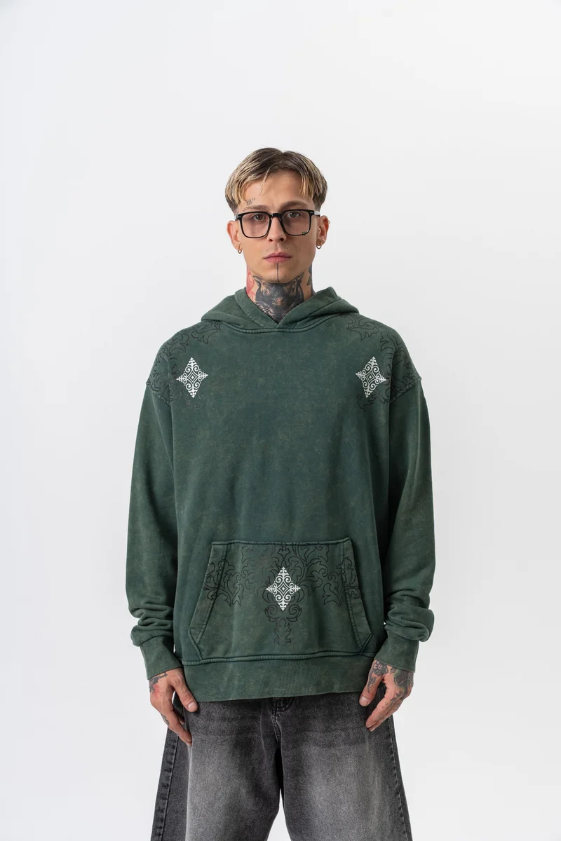 RESPIRE Men's 10 Printed Washed Hooded Oversize Hoodie Green