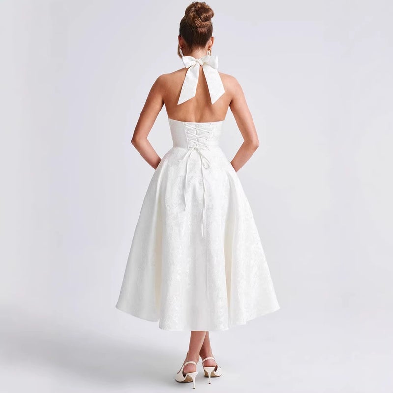 Elegant V-Neck Halter Jacquard Maxi Dress - Image 4