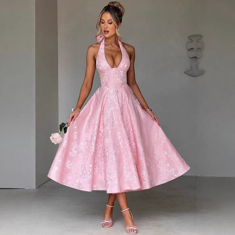 Elegant V-Neck Halter Jacquard Maxi Dress - Image 5