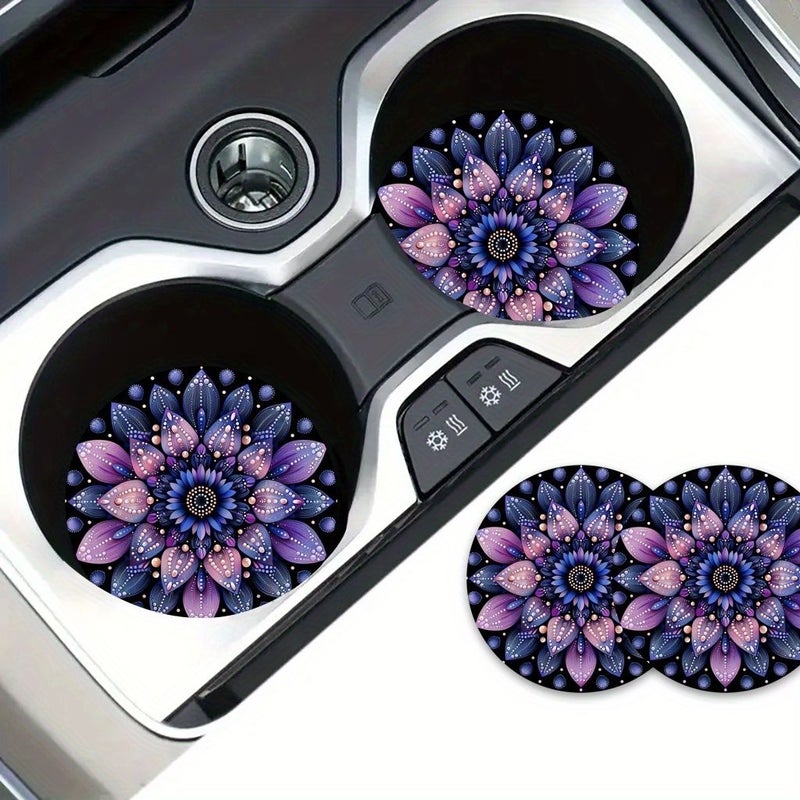 Deep Purple Navy Blue Mandala Car Coasters 2pcs Non-Slip Cup Holders - Image 1