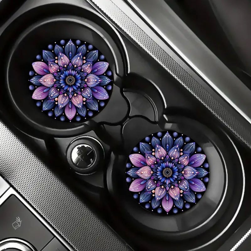 Deep Purple Navy Blue Mandala Car Coasters 2pcs Non-Slip Cup Holders - Image 3