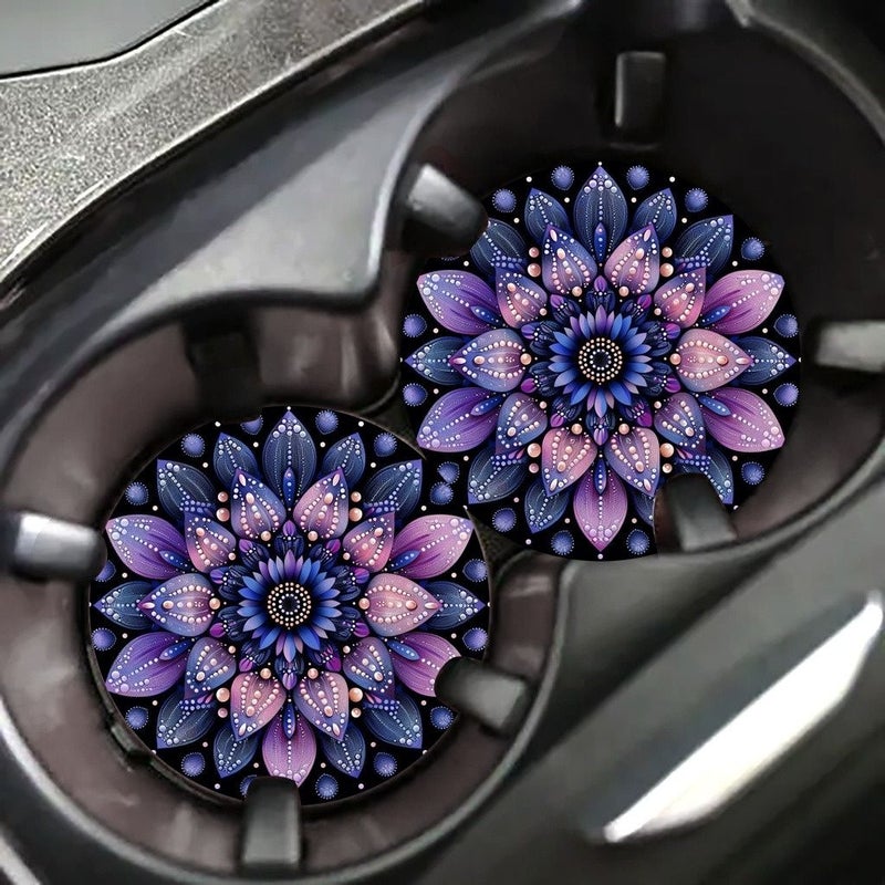 Deep Purple Navy Blue Mandala Car Coasters 2pcs Non-Slip Cup Holders - Image 4