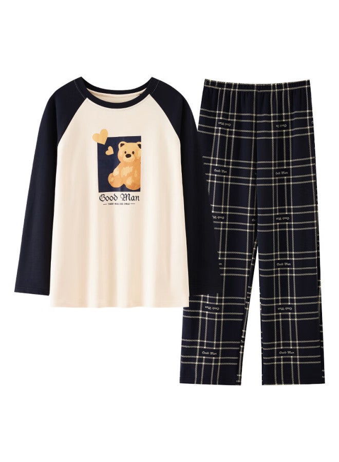 Joae 100% Cotton Women's Long Sleeve Pullover Patchwork Cute Pajama Set Navy M