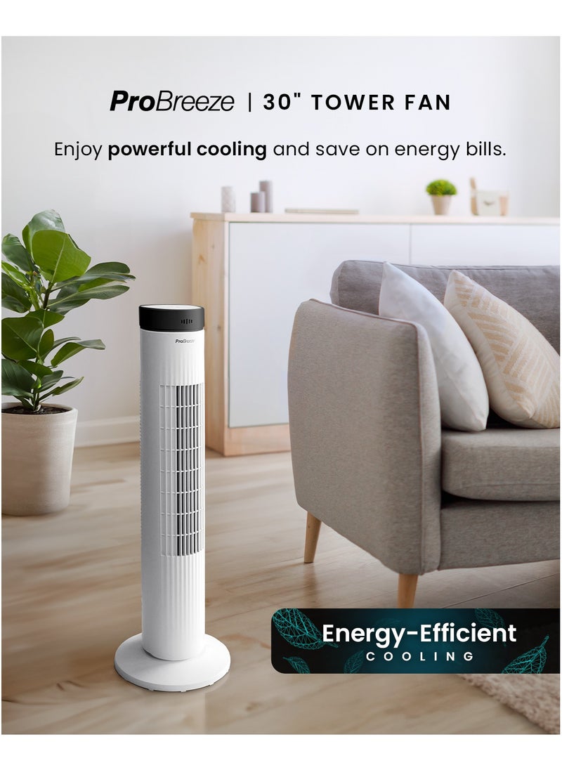 30" Tower Fan with 7-Hour Digital Timer, Remote Control, 3 Cooling Fan Modes & LED Light Indicator - Powerful & Energy-Efficient Electric Fan for Home and Office - White