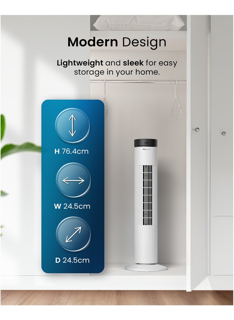 30" Tower Fan with 7-Hour Digital Timer, Remote Control, 3 Cooling Fan Modes & LED Light Indicator - Powerful & Energy-Efficient Electric Fan for Home and Office - White