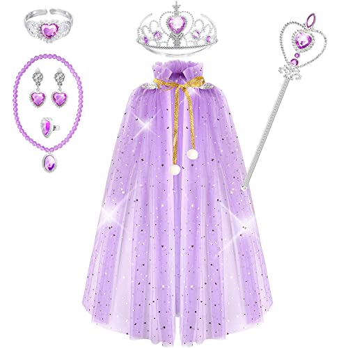 Fedio Princess Cape Set 7 Pieces Girls Princess Cloak with Tiara Crown Wand for Little Girls Dress up Purple - Image 1