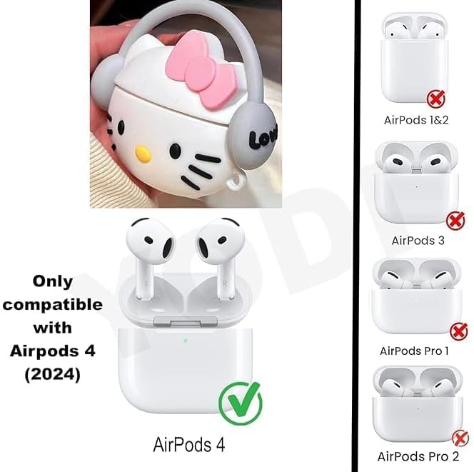 EMOH ROCED Compatible with AirPods 4 Case Cover 2024 with Cleaning Kit,Cartoon Kawaii for AirPods 4th Generation Case Silicone case for Apple Airpods 4 with Keychain for Women Girls (Kitty White) - Image 2