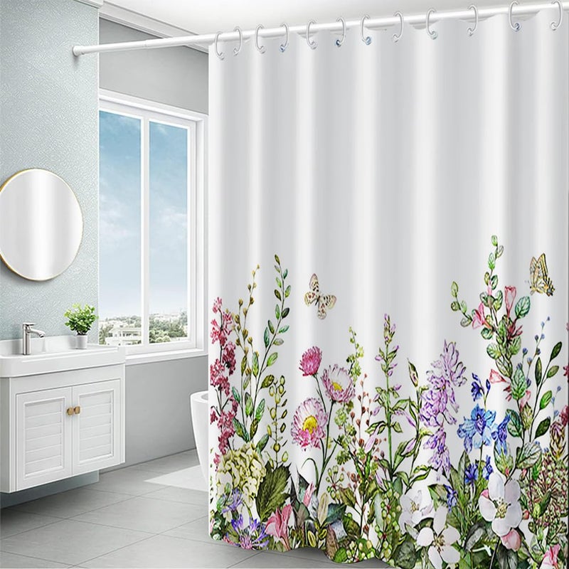 DORCEV 48x72inch Fabric Polyester Floral Shower Curtain Garden Field Colorful Wild Botanical Plants Butterflies Decorative Bath Curtain for Woman Girly Bathroom Bathtub Liner Waterproof with Hooks