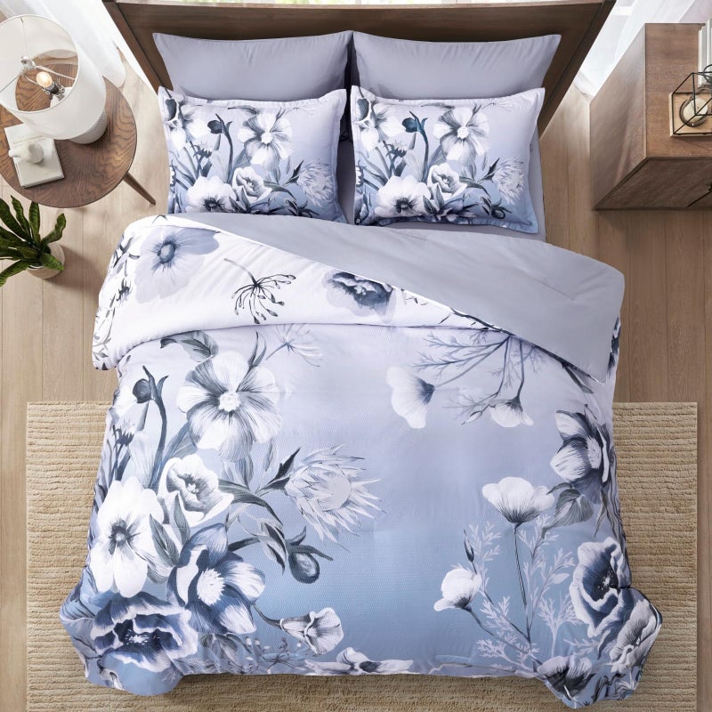 Luxudecor Floral Comforter Set Queen Size 7 Piece, Blue Flower Bed in a Bag, Elegant Gradient Floral Comforter with Sheet Set, Soft Seersucker Microfiber Bedding Set for All Season (Blue, 90"x90") - Image 3