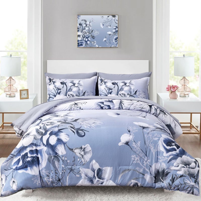 Luxudecor Floral Comforter Set Queen Size 7 Piece, Blue Flower Bed in a Bag, Elegant Gradient Floral Comforter with Sheet Set, Soft Seersucker Microfiber Bedding Set for All Season (Blue, 90"x90") - Image 1