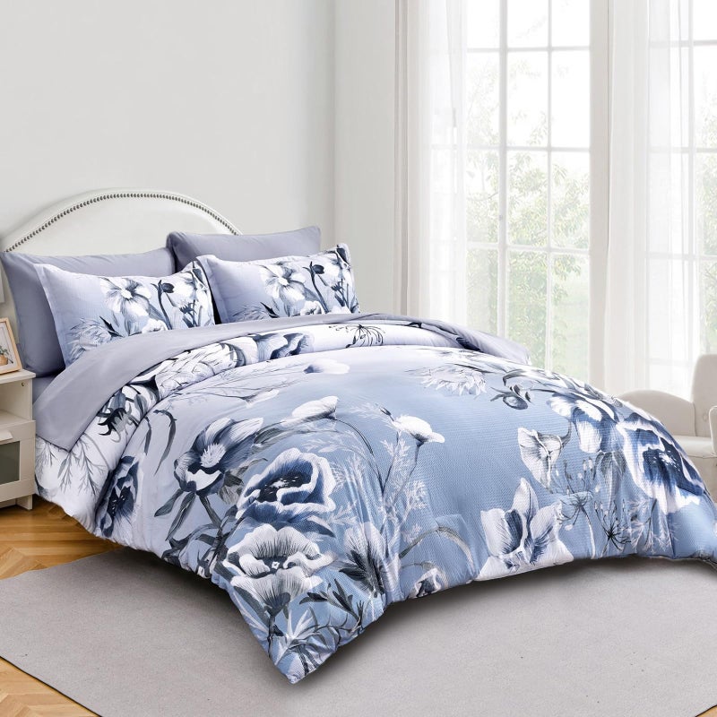 Luxudecor Floral Comforter Set Queen Size 7 Piece, Blue Flower Bed in a Bag, Elegant Gradient Floral Comforter with Sheet Set, Soft Seersucker Microfiber Bedding Set for All Season (Blue, 90"x90") - Image 2
