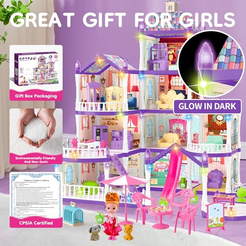 Seifar Doll House for Girls10 Rooms Purple House Toy with Doll Figures PuppiesLights Furnitures Accessories Kids Playhouse Gift for for 3 4 5 6 7 8 9 10 Year Old - Image 5