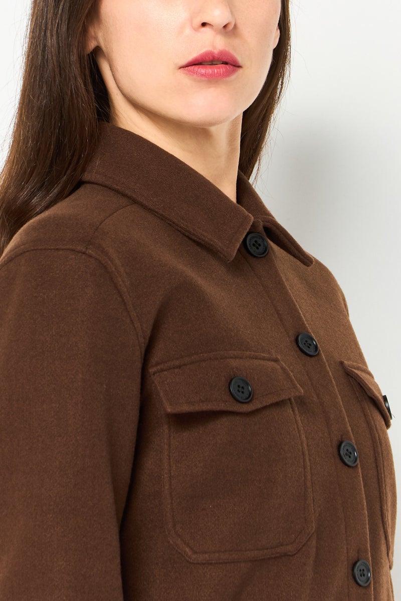 Karl Lagerfeld Women Spread Collar Textured Long Sleeve Jacket Shirt, Dark Brown - Image 4