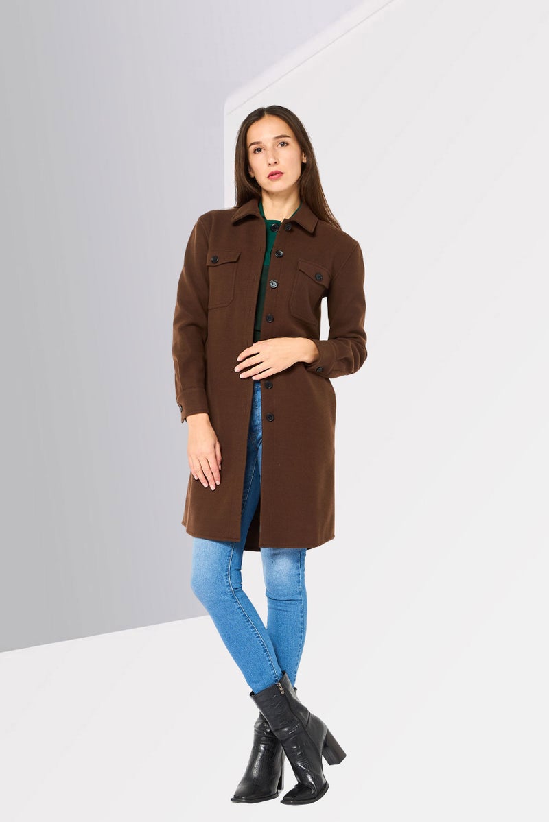 Karl Lagerfeld Women Spread Collar Textured Long Sleeve Jacket Shirt, Dark Brown - Image 3