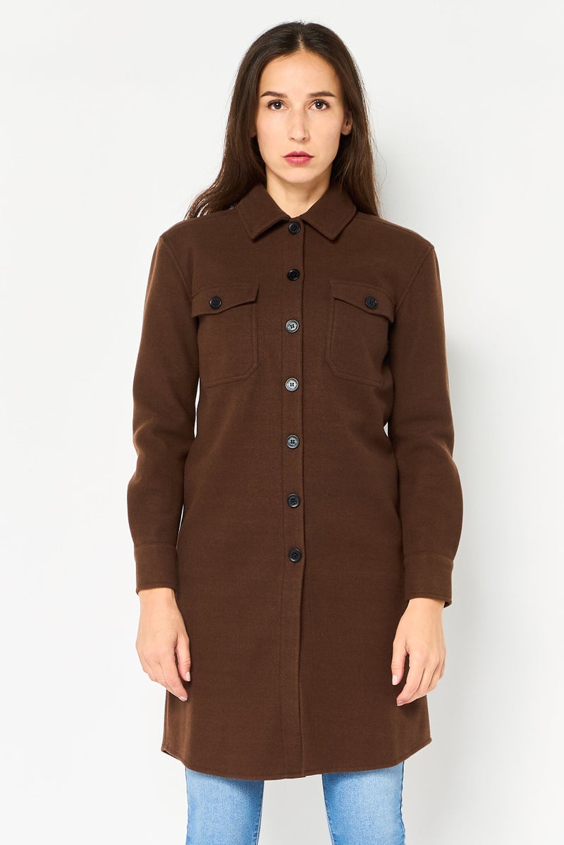 Karl Lagerfeld Women Spread Collar Textured Long Sleeve Jacket Shirt, Dark Brown - Image 1