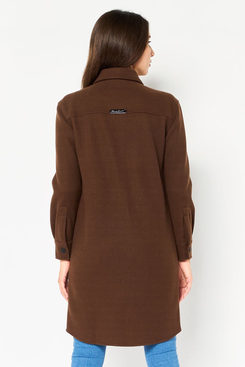 Karl Lagerfeld Women Spread Collar Textured Long Sleeve Jacket Shirt, Dark Brown - Image 2