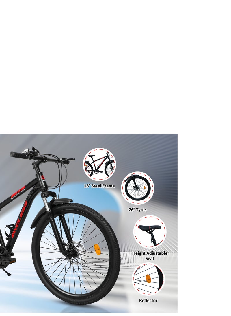 ENDLESS  High Carbon Steel Mountain Bike|18 Inch Frame Size | 26 Inch Wheel Size | 7 Speed Shimano Gear | Dual Disc Brakes | Bike For Men & Women | Black Red Color  - Image 3