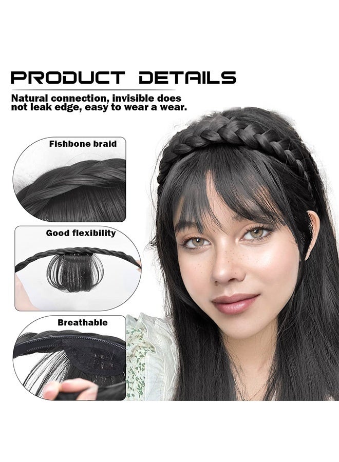 Front Hair Bangs Wigs Headband with Braid, Synthetic Bangs Wigs Headband with Sideburns for Women Girl (Natural Black) - Image 3