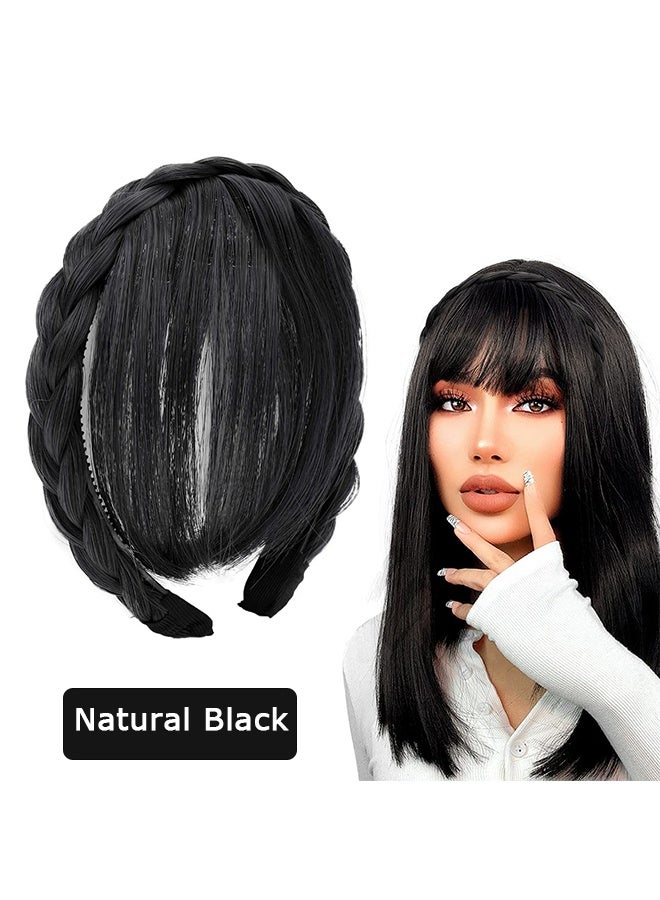 Front Hair Bangs Wigs Headband with Braid, Synthetic Bangs Wigs Headband with Sideburns for Women Girl (Natural Black) - Image 1