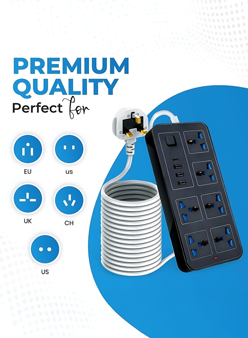 سلك تمديد عالمي بطول 2 متر مع مقبس متعدد الوظائف من المملكة المتحدة بثلاثة دبابيس مع 6 منافذ USB ومنفذ واحد من النوع C ومقبس كهربائي بطول 2 متر وشريط طاقة رئيسي للمنزل والمطبخ والمكتب - Image 2