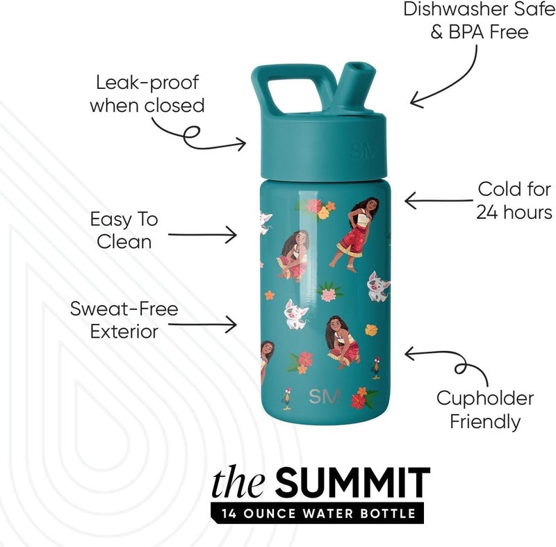 Simple Modern Kids Summit Water Bottle with Straw Lid | Disney Moana 14oz Stainless Steel Cup Insulated Tumbler for Girls, School | Moana Oceana - Image 1