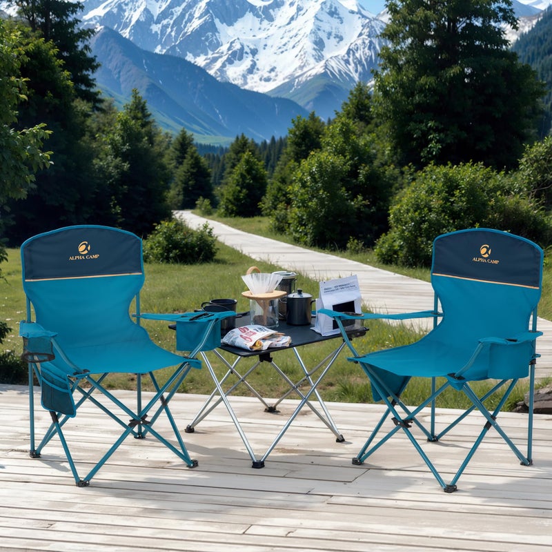 LET'S CAMP Camping Chair 2 Pack Folding Chair with 3-Can Cooler Bag Portable Lawn Chair with Cup Holder,Storage Pocket, Supports 225LBS, Collapsible Chair for Camp, Beach, Picnic (Blue) - Image 2