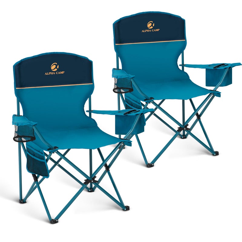 LET'S CAMP Camping Chair 2 Pack Folding Chair with 3-Can Cooler Bag Portable Lawn Chair with Cup Holder,Storage Pocket, Supports 225LBS, Collapsible Chair for Camp, Beach, Picnic (Blue) - Image 1