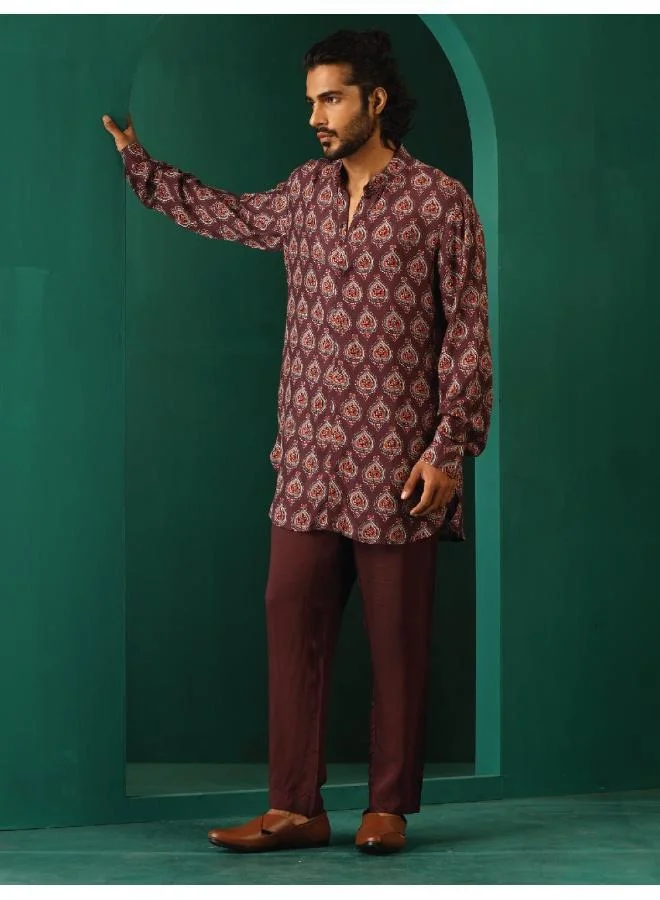 trueBrowns Men's Deep Purple Paan Muslin Silk Printed Co-ord Set