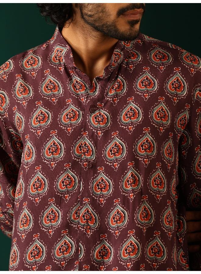 ترو برونز Men's Deep Purple Paan Muslin Silk Printed Co-ord Set  - Image 5