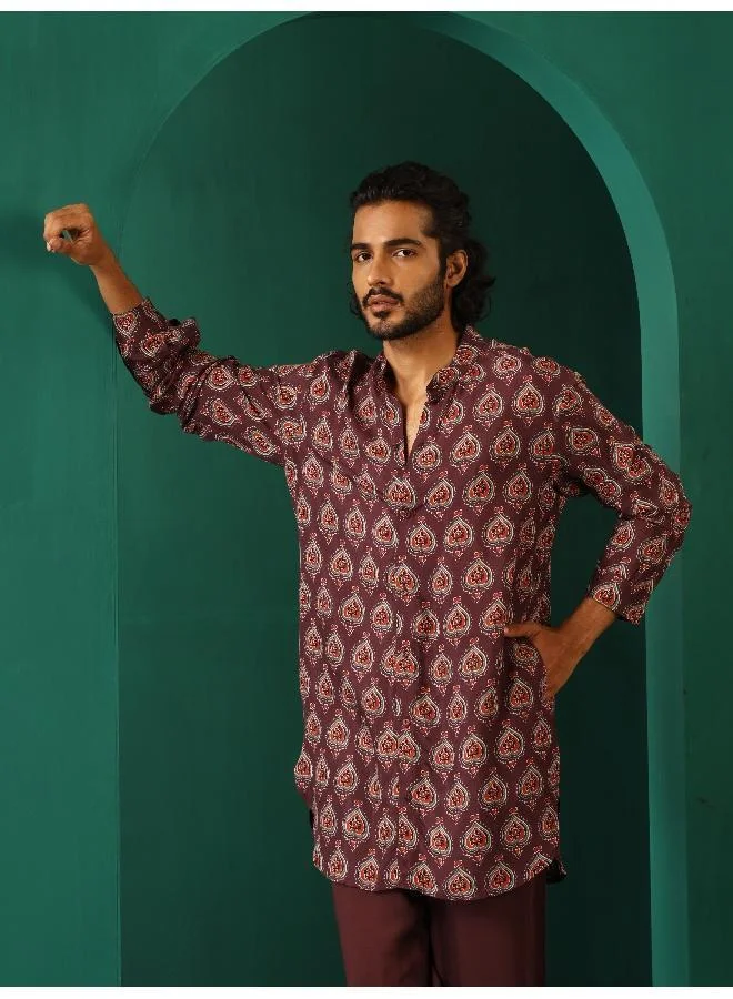 trueBrowns Men's Deep Purple Paan Muslin Silk Printed Co-ord Set