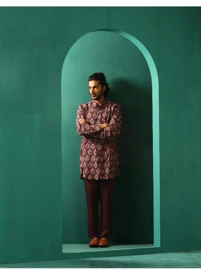 trueBrowns Men's Deep Purple Paan Muslin Silk Printed Co-ord Set