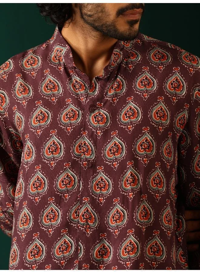 trueBrowns Men's Deep Purple Paan Muslin Silk Printed Co-ord Set