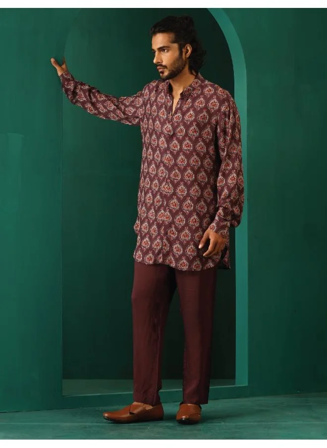 ترو برونز Men's Deep Purple Paan Muslin Silk Printed Co-ord Set