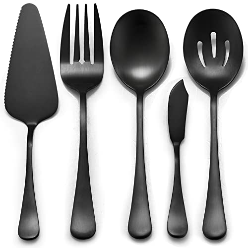 LIANYU 5-Piece Matte Black Serving Utensils Set, Stainless Steel Flatware Serving Set, Ideal for Buffet Catering Party, Satin Finish, Dishwasher Safe - Image 1