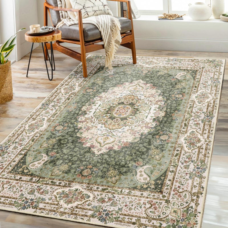 Castage Green Rug 3x5,Washable Area Rugs for Bedroom Living Room Kitchen Entryway,Small Boho Vintage Bohemian Distressed Non Slip Carpet,Floral - Image 1
