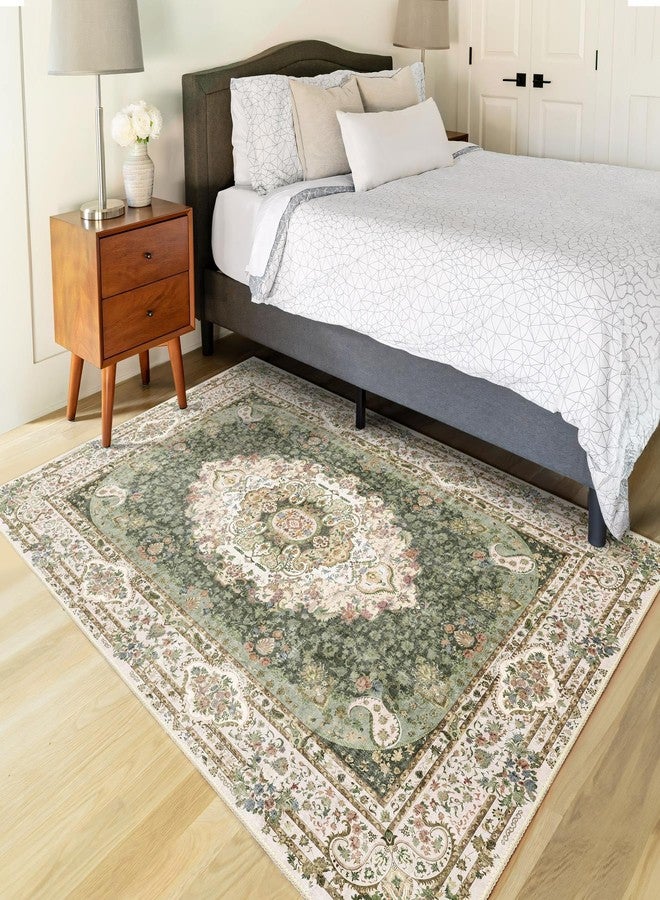 Castage Green Rug 3x5,Washable Area Rugs for Bedroom Living Room Kitchen Entryway,Small Boho Vintage Bohemian Distressed Non Slip Carpet,Floral - Image 3