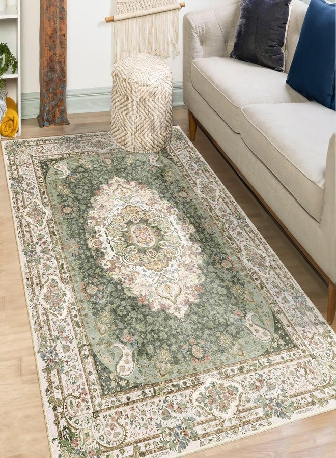 Castage Green Rug 3x5,Washable Area Rugs for Bedroom Living Room Kitchen Entryway,Small Boho Vintage Bohemian Distressed Non Slip Carpet,Floral - Image 2