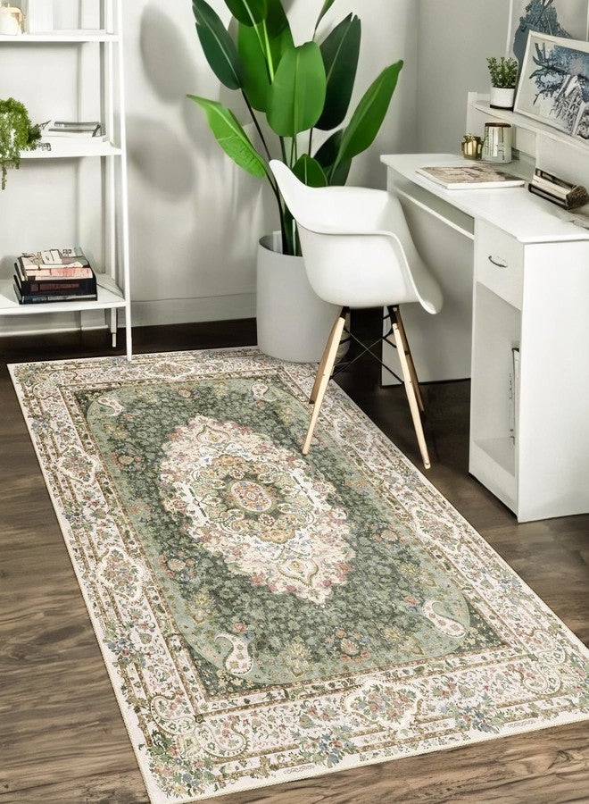 Castage Green Rug 3x5,Washable Area Rugs for Bedroom Living Room Kitchen Entryway,Small Boho Vintage Bohemian Distressed Non Slip Carpet,Floral - Image 4