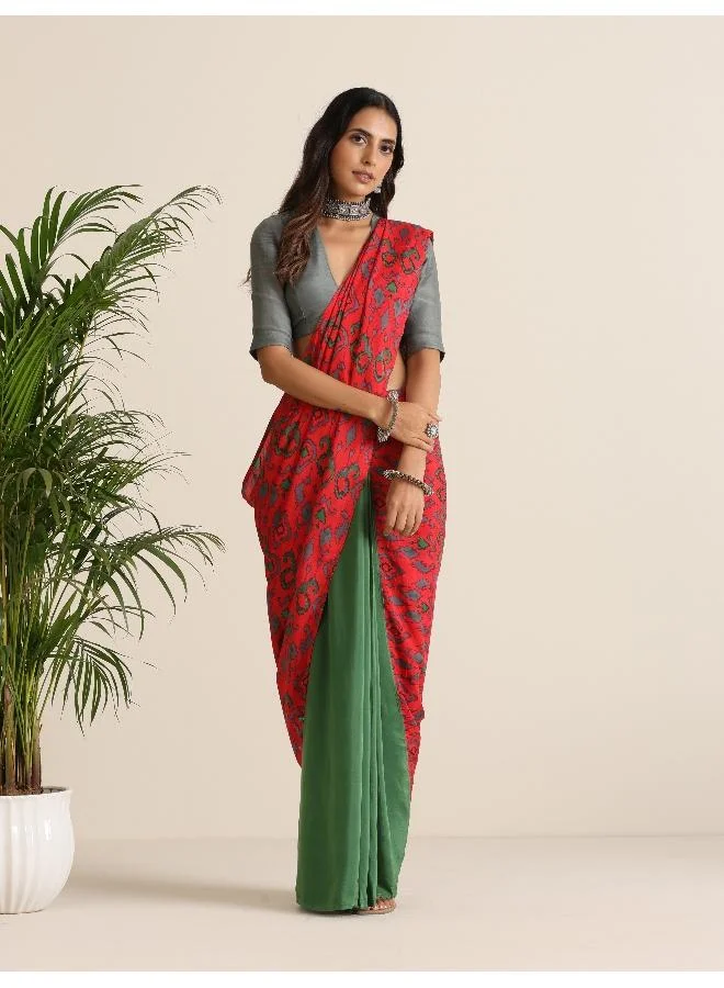 ترو برونز trueBrowns Red Muslin Ikat Saree
