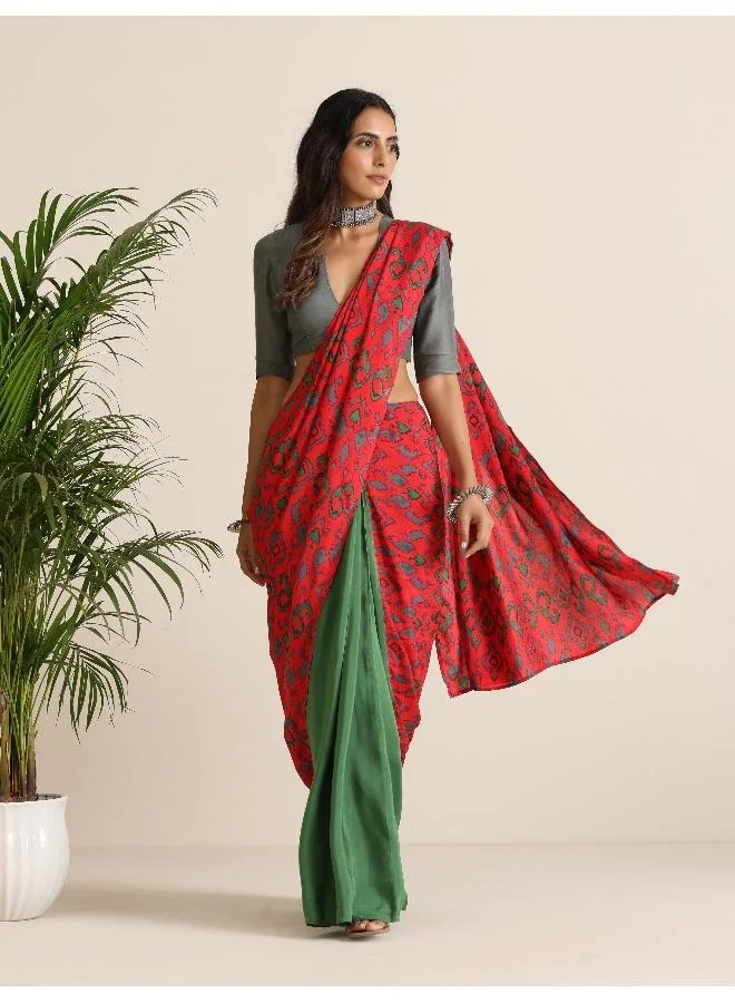 trueBrowns Red Muslin Ikat Saree