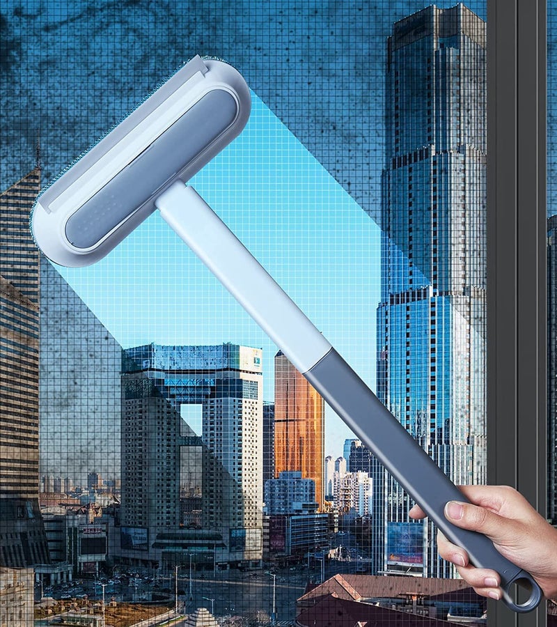 AIMERS 4in1 Window Screen Cleaner Brush with Handle DualUse Magic Squeegee Kit for Windows Tracks Sofas Walls Wet Dry Cleaning Tool for Glass Mesh Pet Hair Removal Grout Scrubbing