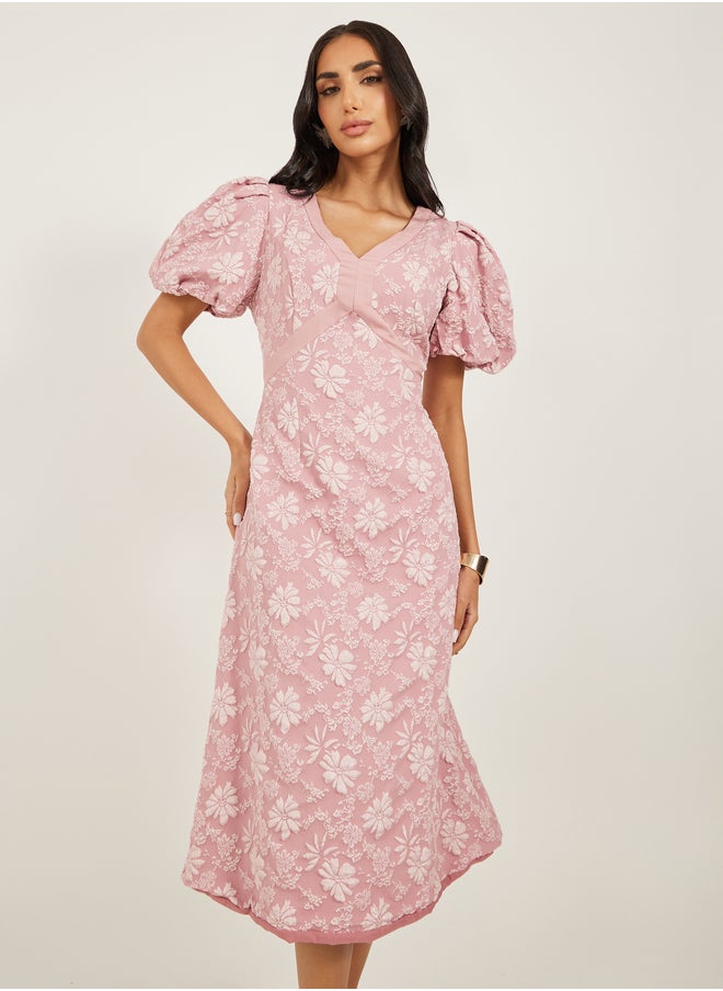 Styli - Floral Embossed Puff Sleeves A-Line Midi Dress - Image 1